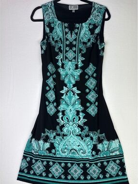 JM Collection Black and Turquoise Sleeveless Dress with Ornate Pattern - Size S